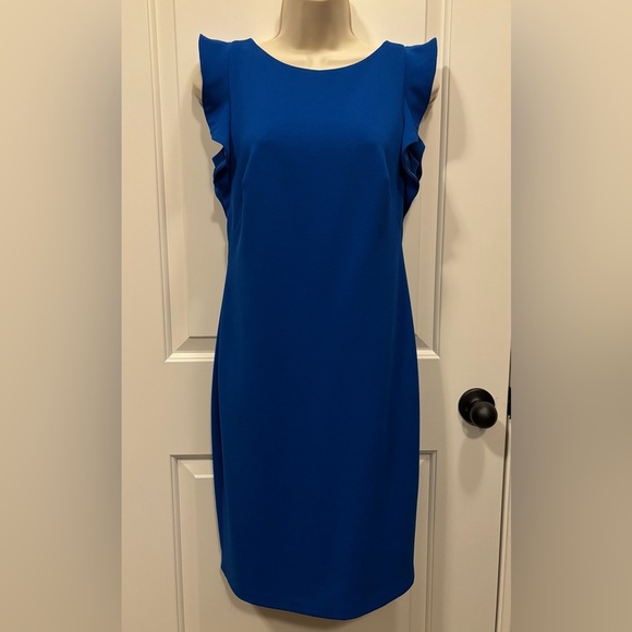 Calvin Klein Blue Sheath Dress with Flutter Sleeves - Picture 1 of 4